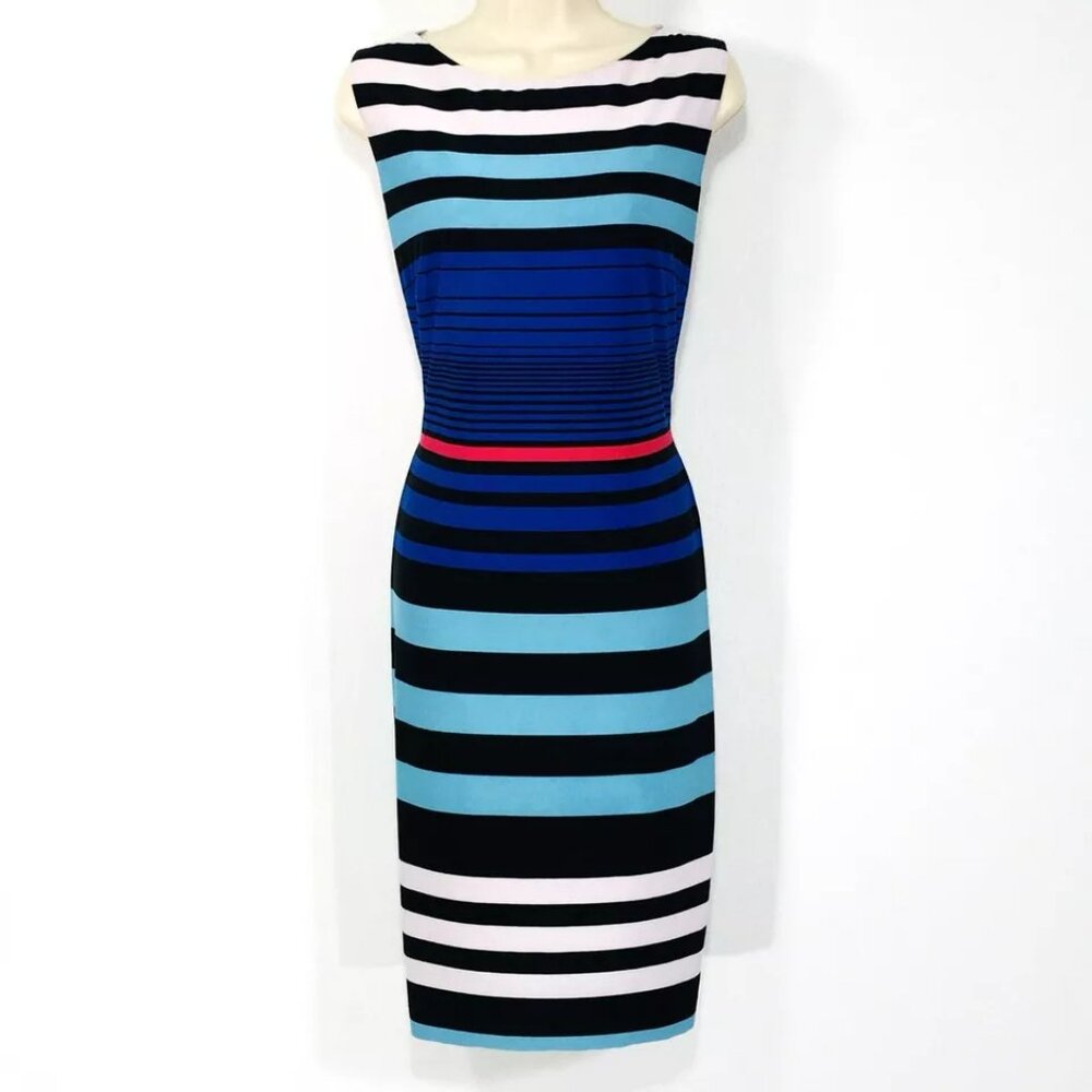 Cache Sheath Pencil Dress Sz 8 Blue White Stripe Knee Length Sleeveless